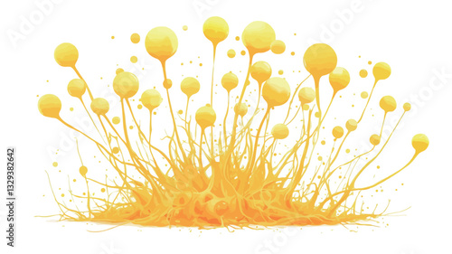 Digital illustration depicting an abstract yellow splash. The splash is composed of numerous rounded shapes on thin stems, radiating outwards from a central point.  The color is a consistent bright