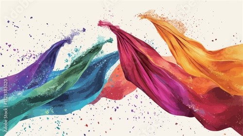 The image shows several pieces of brightly colored fabric flowing dynamically against a white background. The fabrics are various shades of purple, orange, teal, and green.  The movement is