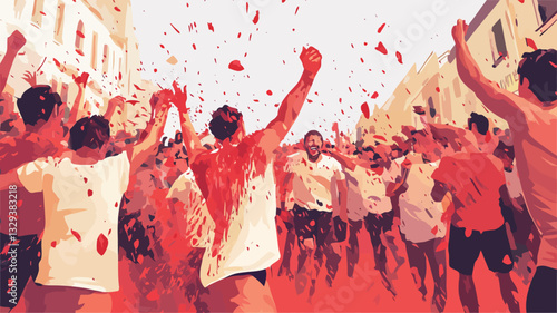 The image depicts a large crowd of people participating in an outdoor celebration.  The individuals are running and jumping, many with their arms raised. They appear to be covered in red confetti