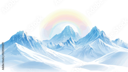 Digital illustration depicting a mountain range. The mountains are predominantly rendered in shades of blue and white, suggesting snow or ice. The peaks are sharply defined, with visible texture