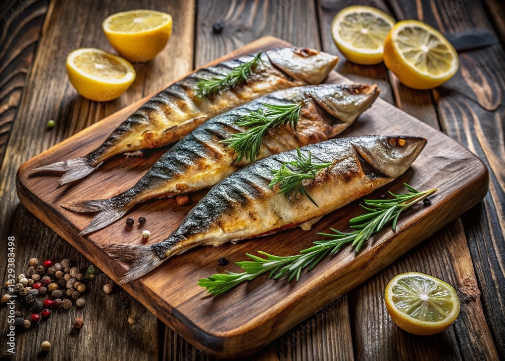 Grilled Mackerel Fillets with Lemon on Rustic Black Board - Delicious Seafood Dish Grilled Mackerel Fillets with Lemon on Rustic Black Board - Delicious Seafood Dish