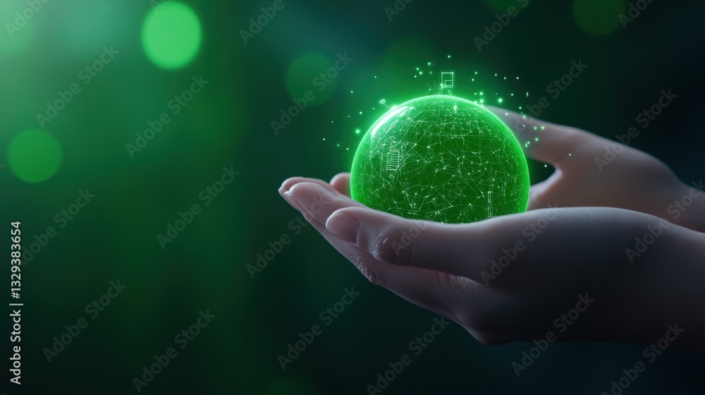 A glowing green sphere is held delicately in a person's hands, surrounded by ethereal light, suggesting themes of magic and sustainability. A glowing green sphere is held delicately in a person's hands, surrounded by ethereal light, suggesting themes of magic and sustainability.
