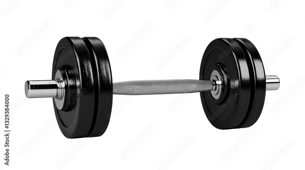 A classic iron dumbbell with black and silver weight plates, featuring a knurled grip handle, isolated on a transparent background. A classic iron dumbbell with black and silver weight plates, featuring a knurled grip handle, isolated on a transparent background.
