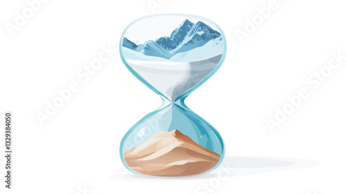 A digital illustration depicting a light blue hourglass against a white background. The upper bulb of the hourglass contains white sand with a digital image of snow-capped mountains. The lower bulb