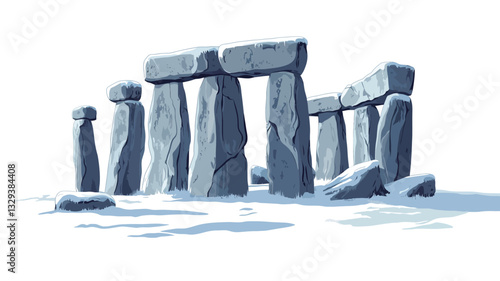 Digital illustration depicting a cluster of large, grey, weathered stone structures reminiscent of a megalithic site, covered in a layer of snow. The stones are various heights and shapes, some