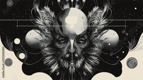 The image is a monochrome, surreal illustration depicting a stylized face framed by intricate, feather-like or floral patterns.  The face appears almost mask-like, with a central orb or planet
