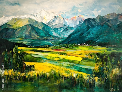 Vibrant landscape depicting a colorful valley surrounded by majestic mountains during daylight