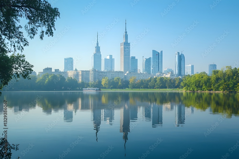 Fototapeta premium City skyline reflects in tranquil water at dawn highlighting modern architecture and lush greenery