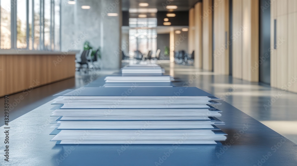 Obraz premium Office hallway, documents stack, modern workspace, sunlight
