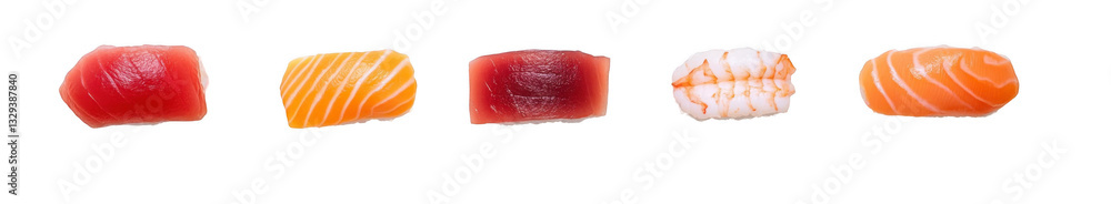 Nigiri set with tuna, eel, and shrimp, isolated on a white background. Japanese food collection set Nigiri set with tuna, eel, and shrimp, isolated on a white background. Japanese food collection set