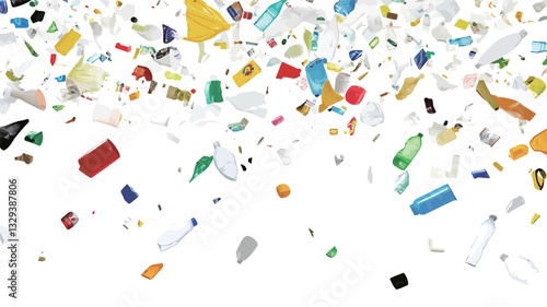 An image showing numerous pieces of multicolored plastic debris falling against a pure white background. The plastic fragments vary in size, shape, and color, appearing to be in motion.  The image