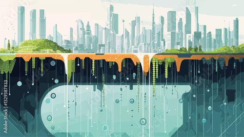 Stylized illustration depicting a cityscape seemingly melting or dripping into a dark, watery abyss. The upper portion showcases a vibrant green landscape contrasting sharply with the dark, watery