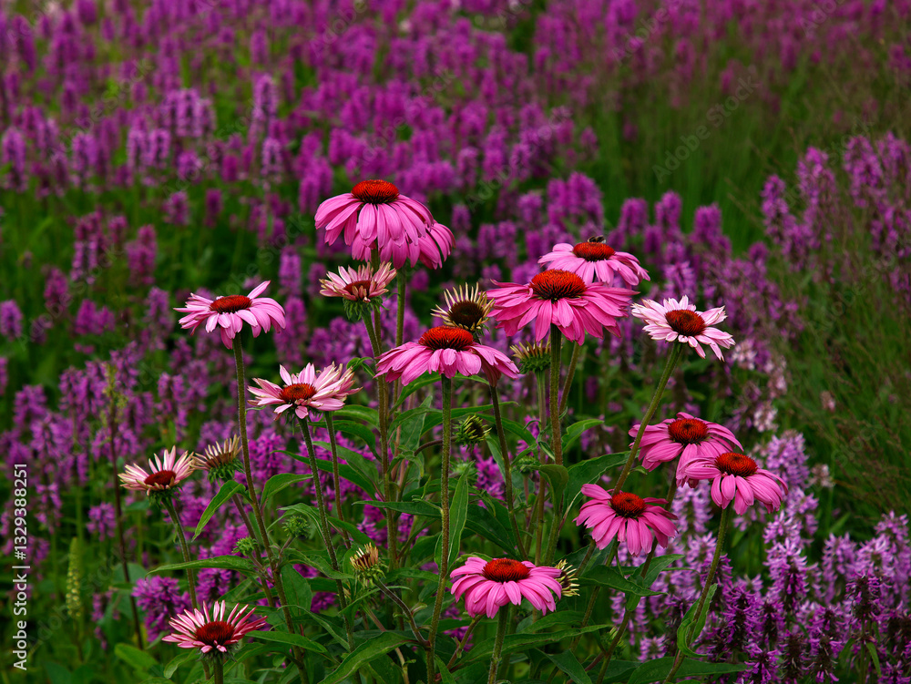 Naklejka premium Closeup of the purple pink flowers with an orange brown centre of the summer flowering herbaceous perennial echinacea purpurea in the garden border.