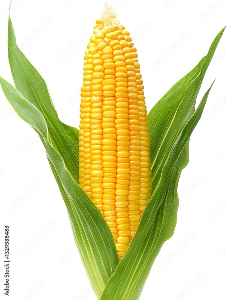 Fresh corn cob emerging from green leaves on white background Fresh corn cob emerging from green leaves on white background