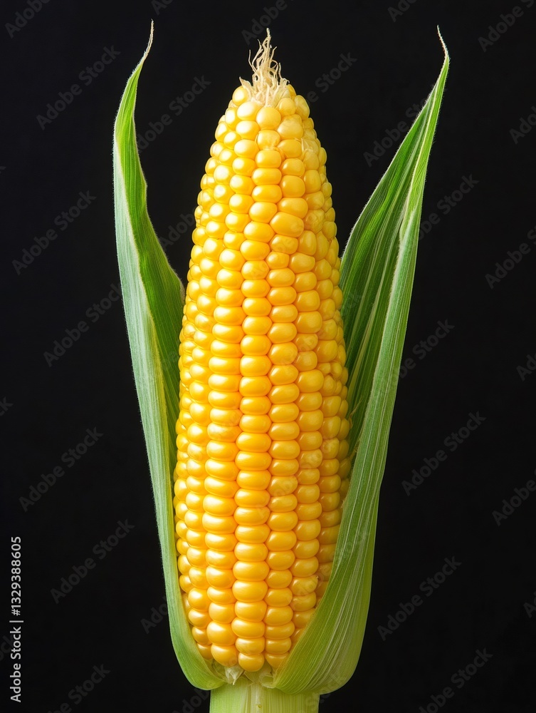 Obraz premium Ripe corn cob emerging from its leaves on black background