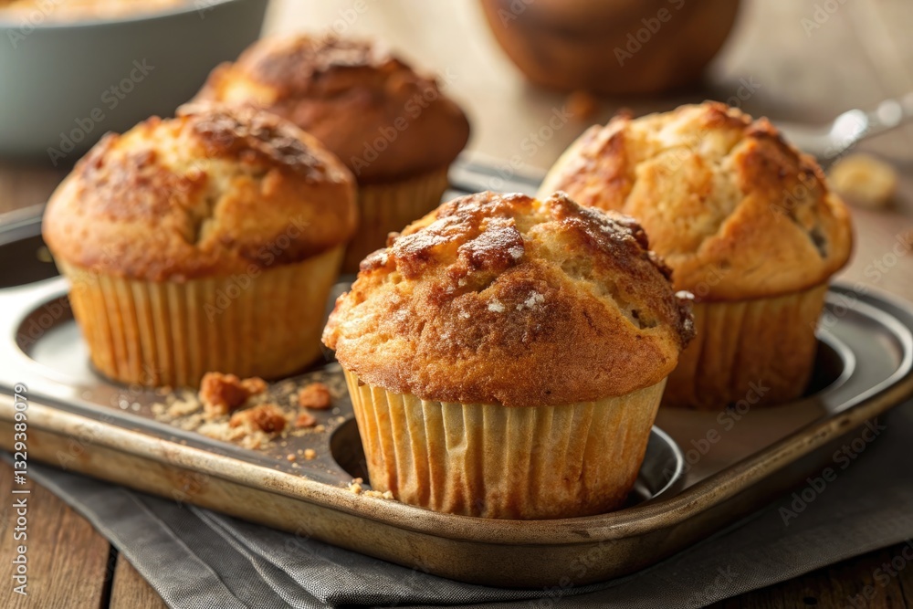 Freshly baked muffins cooling on a kitchen counter beside a bowl of ingredients Freshly baked muffins cooling on a kitchen counter beside a bowl of ingredients