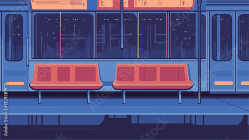 The image is a stylized illustration of the interior of a subway car at night.  The color palette is predominantly dark blue and muted orange.  The focus is on two empty, orange seats positioned in