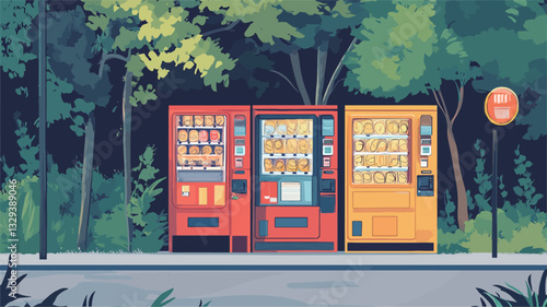 A digital illustration depicting three vending machines situated on a sidewalk at night. Two machines are red, one is yellow.  The machines are surrounded by lush green trees, creating a contrast
