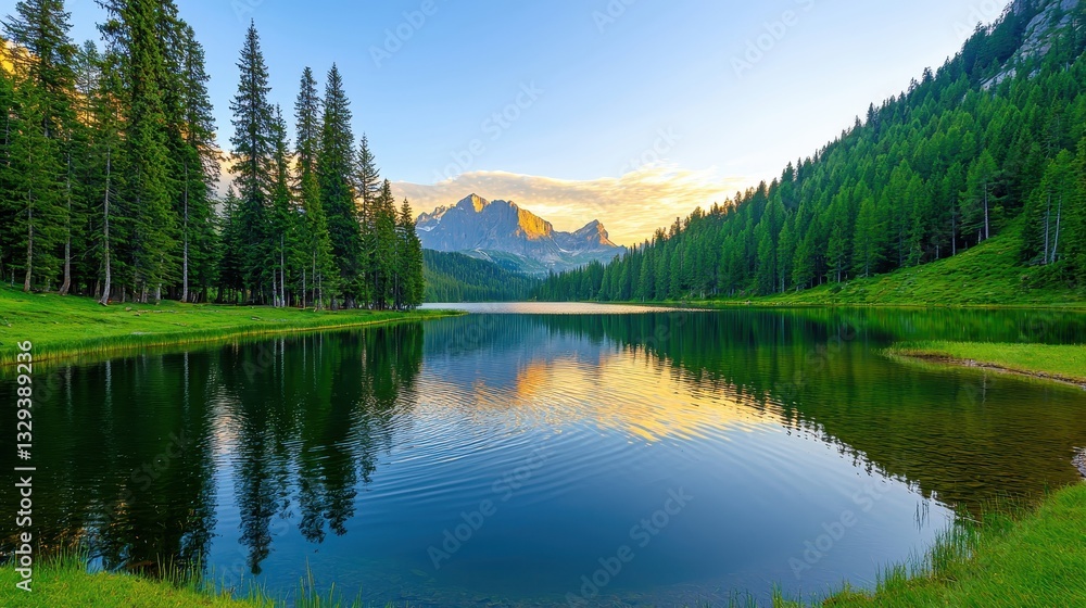 Serene lake reflects mountains and trees in a stunning landscape Serene lake reflects mountains and trees in a stunning landscape