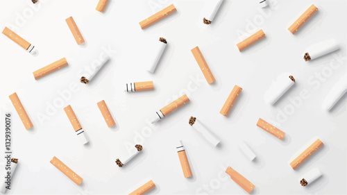 The image shows numerous cigarette butts scattered haphazardly on a plain white background. The butts are viewed from directly above in a flat lay composition, creating a repeating pattern.  The