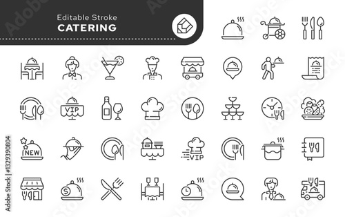 Catering line icon set. Catering service, food, delivery of ready meals, guest service, menu for event, banquet and more. Outline vector icon in linear style. Pictogram collection.	