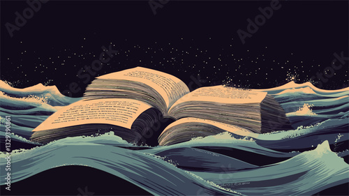 A digital illustration depicting two large, luminous books partially submerged in turbulent ocean waves at night under a starry sky.  The books are rendered with a soft, painterly style, showing