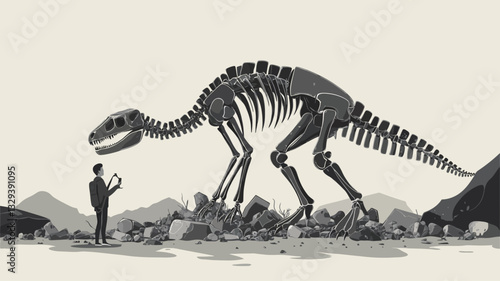 A monochrome vector illustration depicting a large dinosaur skeleton in profile view, standing on a rocky terrain. A small, silhouetted figure of a scientist is shown observing the skeleton from a