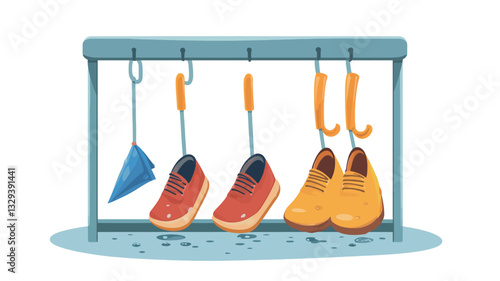 A digital illustration depicting a simple, light gray metal rack with hooks hanging on a white background.  Two pairs of shoes��one red and one yellow��and a blue umbrella are hanging from the hooks.