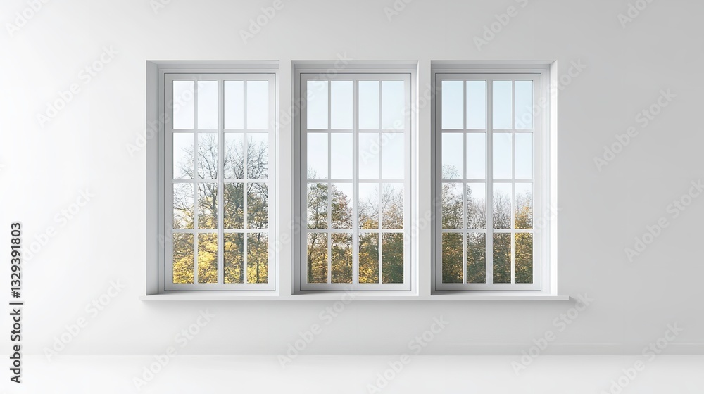 Fototapeta premium A minimalist window with a large glass pane, surrounded by smooth white walls.