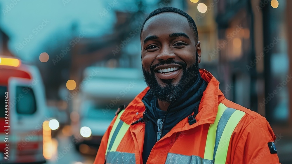 Smiling Worker in Bright Safety Jacket on Urban Street at Dusk Smiling Worker in Bright Safety Jacket on Urban Street at Dusk