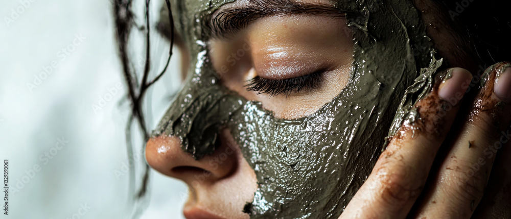 Close-up of a woman applying a clay face mask. Smooth skin, self-care, spa treatment, and skincare beauty routine. Wellness, relaxation, and glowing complexion concept. Generative ai Close-up of a woman applying a clay face mask. Smooth skin, self-care, spa treatment, and skincare beauty routine. Wellness, relaxation, and glowing complexion concept. Generative ai