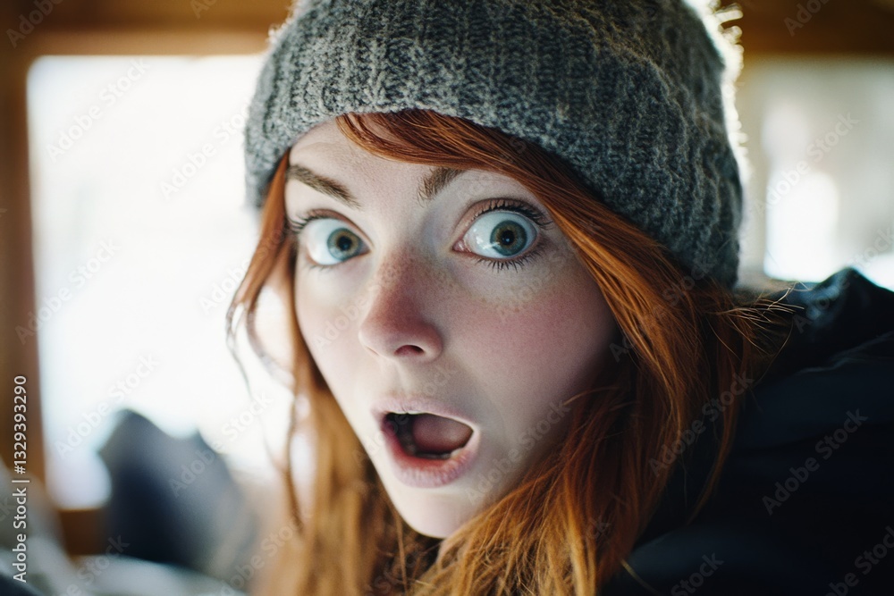 Surprised woman with wide eyes and mouth agape, wearing a gray knit hat, capturing a moment of shock in a cozy setting. Surprised woman with wide eyes and mouth agape, wearing a gray knit hat, capturing a moment of shock in a cozy setting.