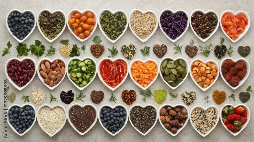 Assorted Superfoods in Heart Shaped Bowls for Healthy Eating Concept Assorted Superfoods in Heart Shaped Bowls for Healthy Eating Concept