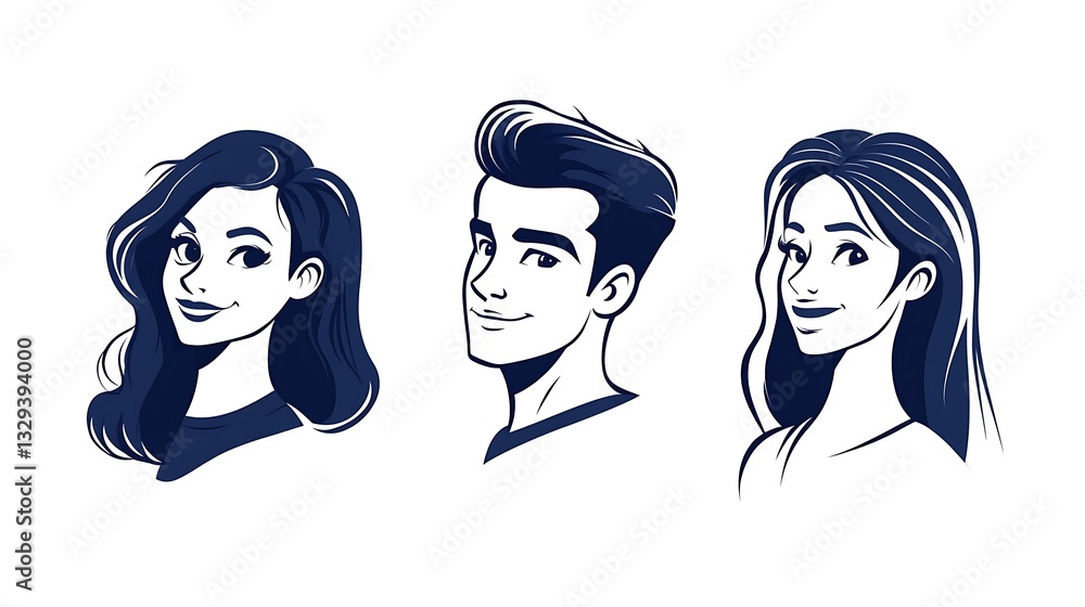 Stylish Ink-Style Portraits: Three Young Adults, Digital Illustration AI Generated