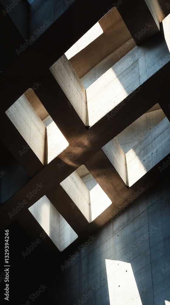 Obraz premium Modern architectural space with tall concrete columns and soft lighting.