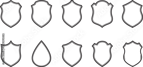 Shields graphic icons set. Blank heraldic shields signs isolated on white background. Symbols power, protection and coat of arms. Vector illustration