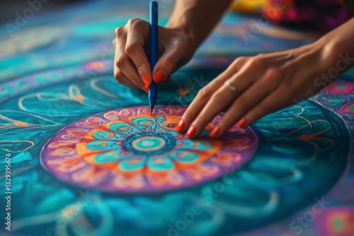 Hands adorned with red nails drawing an intricate mandala with vibrant colors on fabric, showcasing creativity and focus.