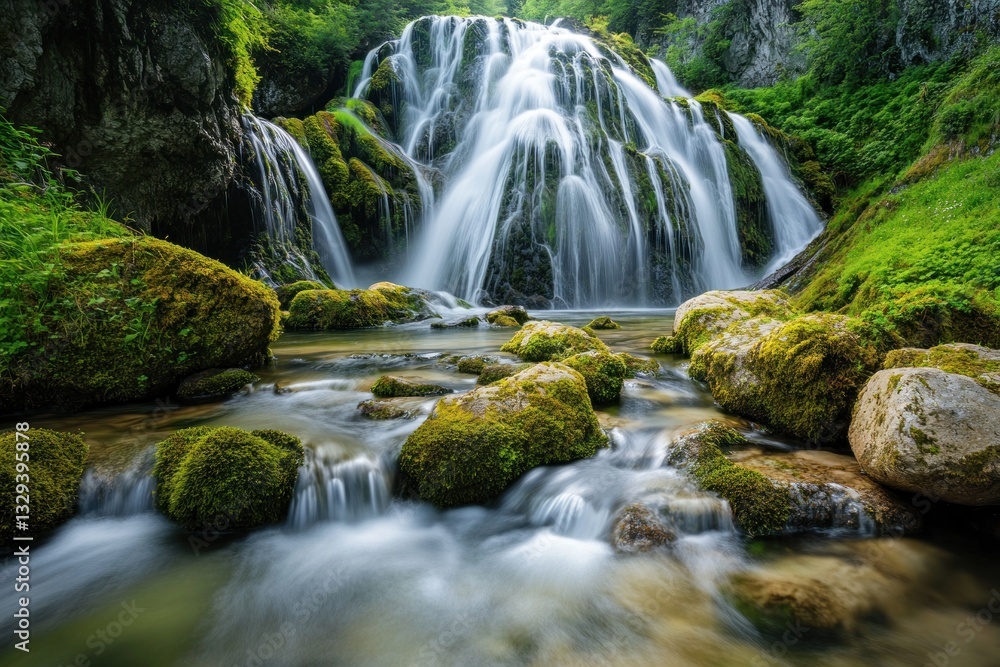 A beautiful and serene waterfall cascading into a flowing stream A beautiful and serene waterfall cascading into a flowing stream