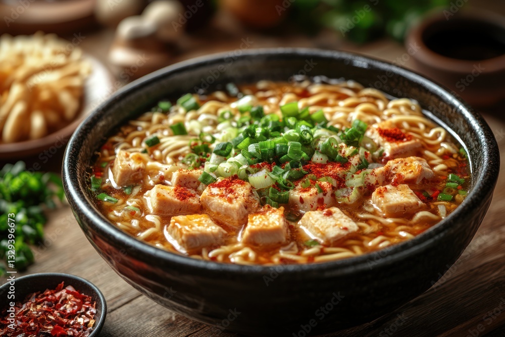 A delicious bowl of noodle soup featuring diced tofu, vibrant green onions, and a rich broth on a rustic wooden table. A delicious bowl of noodle soup featuring diced tofu, vibrant green onions, and a rich broth on a rustic wooden table.