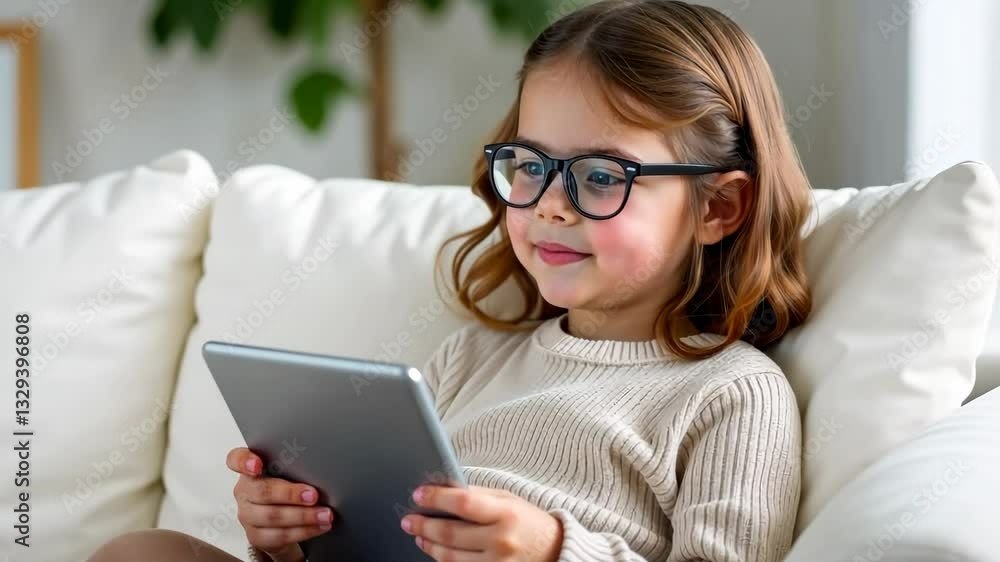 Smiling little girl with glasses sitting on white couch using digital tablet in cozy home interior focused child enjoying online learning or entertainment concept of education technology childhood Smiling little girl with glasses sitting on white couch using digital tablet in cozy home interior focused child enjoying online learning or entertainment concept of education technology childhood