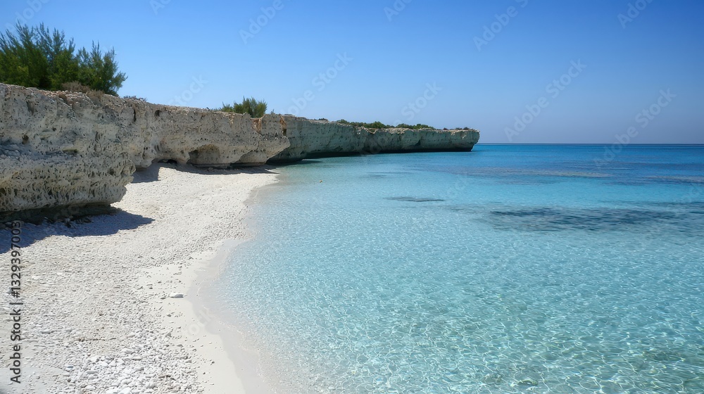 Tranquil Beach Scene with Clear Water and Rocky Cliff in Calm Environment Tranquil Beach Scene with Clear Water and Rocky Cliff in Calm Environment