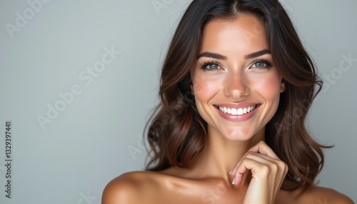 Portrait beautiful brunette model woman with white teeth smile, healthy long hair and beauty skin on grey background. Concept of advertising dentist and facial care.