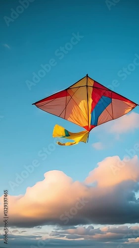 A kite flying high in the sky, with clouds moving in the background