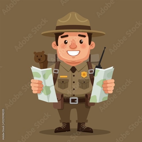 Cartoon Park Ranger Reading Map with Backpack and Radio