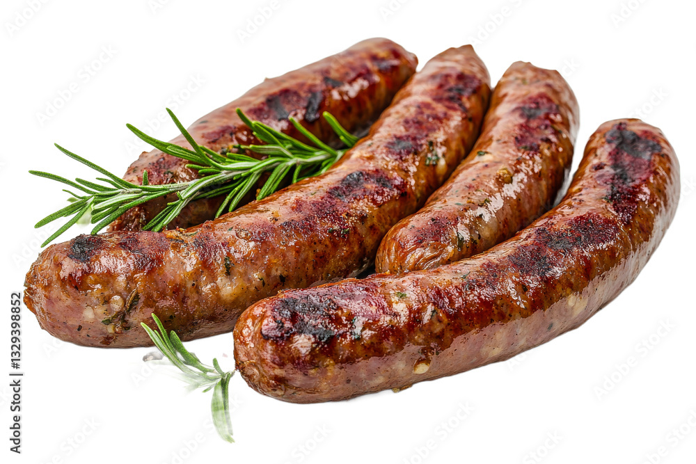 Herb topped grilled sausages on white background Herb topped grilled sausages on white background
