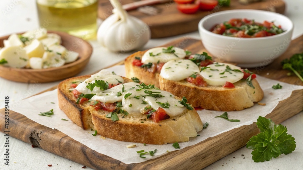 Delicious Caprese toasts, perfect for a light lunch or appetizer, arranged on a rustic wooden board with fresh ingredients around. A bright and inviting food shot Delicious Caprese toasts, perfect for a light lunch or appetizer, arranged on a rustic wooden board with fresh ingredients around. A bright and inviting food shot