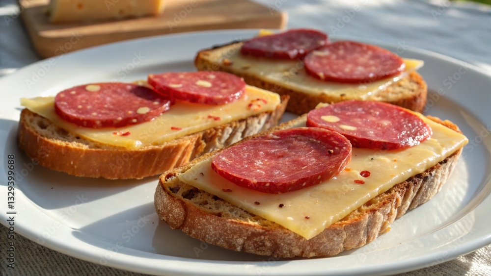 Delicious open sandwiches with cheese and pepperoni slices, presented on a white dish under natural light. Ideal for food blogs and recipe websites Delicious open sandwiches with cheese and pepperoni slices, presented on a white dish under natural light. Ideal for food blogs and recipe websites