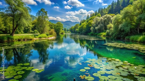 Serene riverbank with lush greenery and water lilies floating on Mreznica River in Croatia's picturesque Belavici village