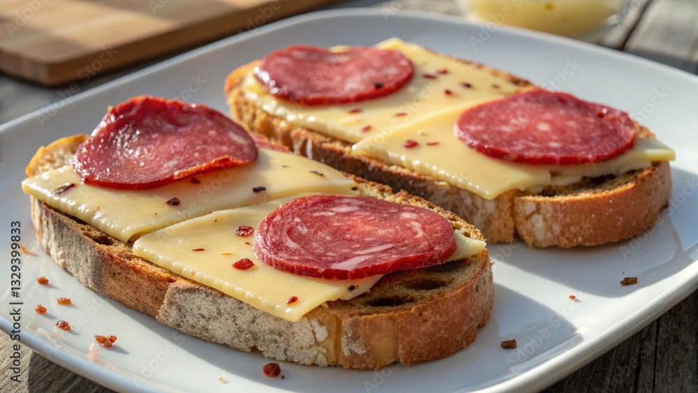 Simple open-faced sandwiches with cheese and salami, served on a white plate in bright daylight. A quick and tasty snack or light lunch option Simple open-faced sandwiches with cheese and salami, served on a white plate in bright daylight. A quick and tasty snack or light lunch option
