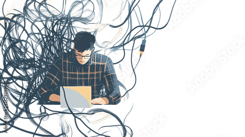 The image shows a stylized illustration of a man sitting at a desk with a laptop, surrounded by a chaotic mass of black cables and wires. The man appears to be focused on his work, but the